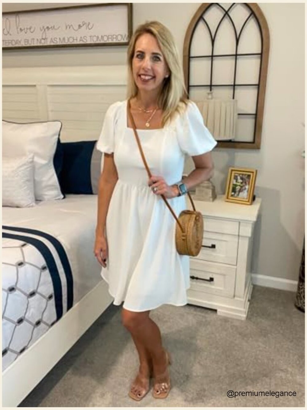 Puff Sleeve Square Neck Tie Back Dress with Zipper Casual A-Line - Picture 2 of 7